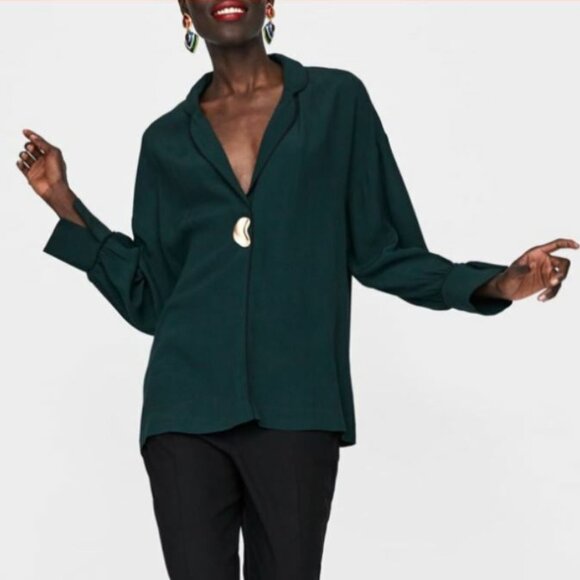 ZARA | Hunter Green Lounge Inspired Blouse Sz L - Picture 1 of 10